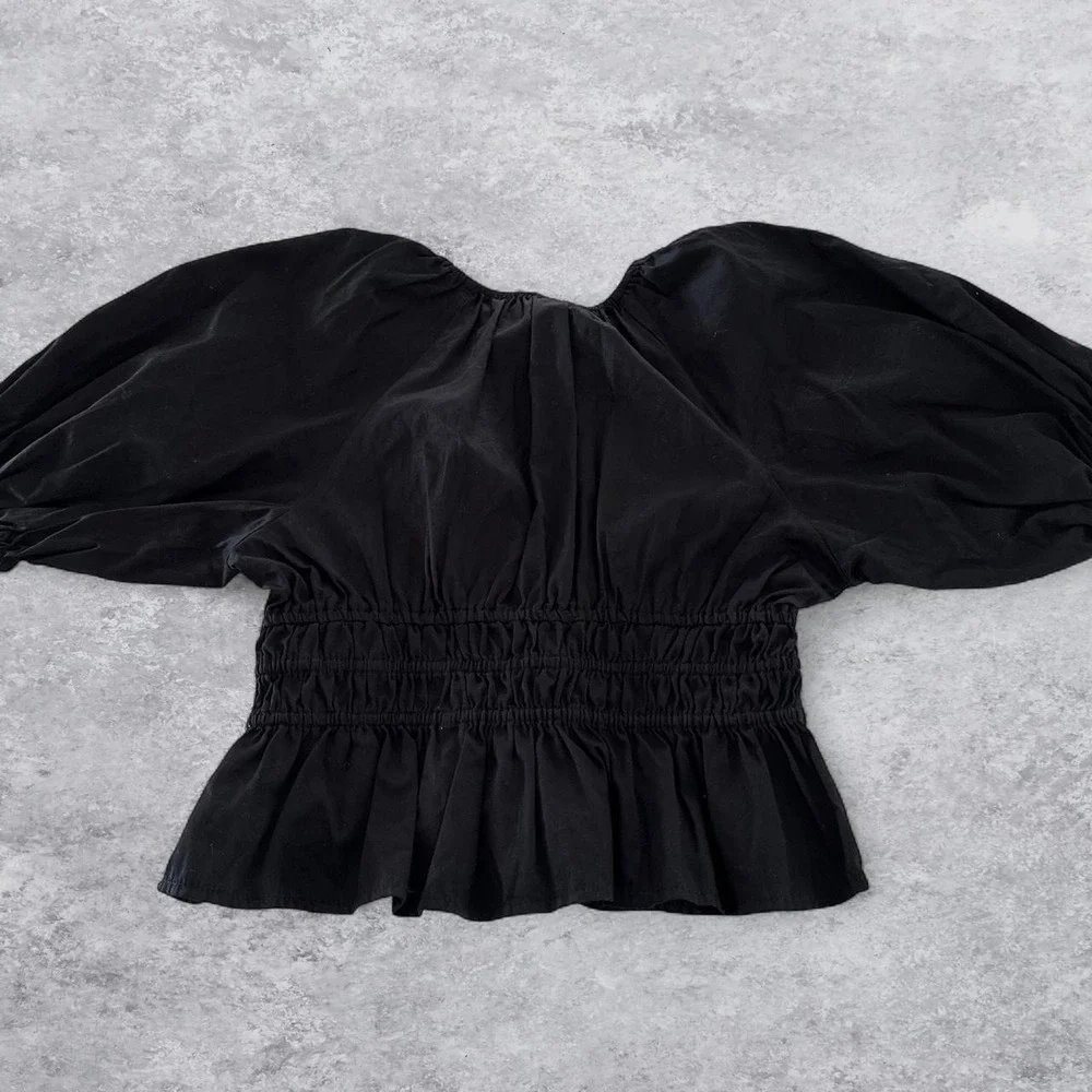 Old Navy Womens Black Cotton Poplin Smocked Peplum Puff Sleeve V-Neck Blouse S